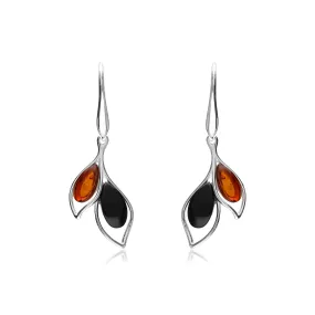 Sterling Silver Whitby Jet & Amber Mixed Leaf Drop Earrings