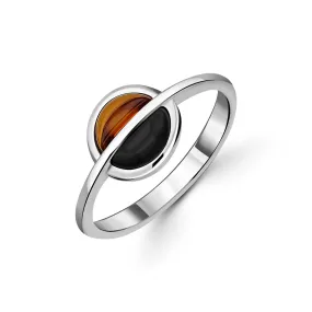 Sterling Silver Whitby Jet & Amber Split Round Ring