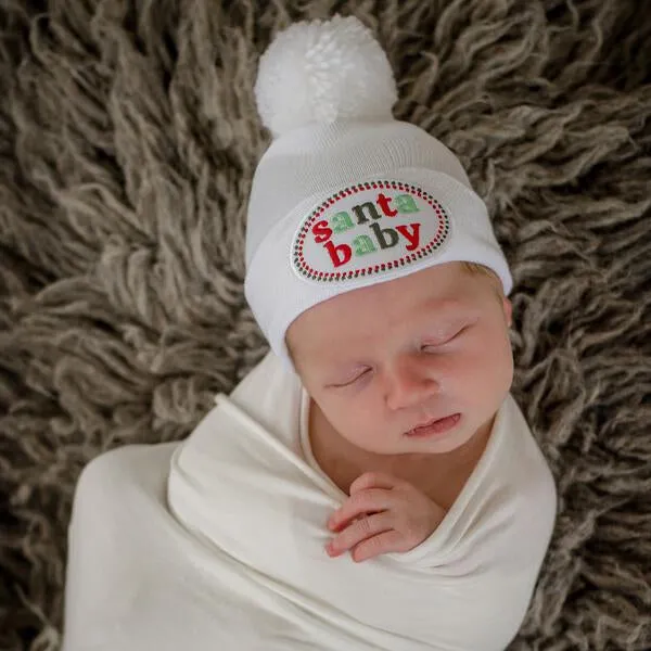 Striped Santa Baby Patch Pom Pom Newborn Hospital Hat - Baby Christmas Hat