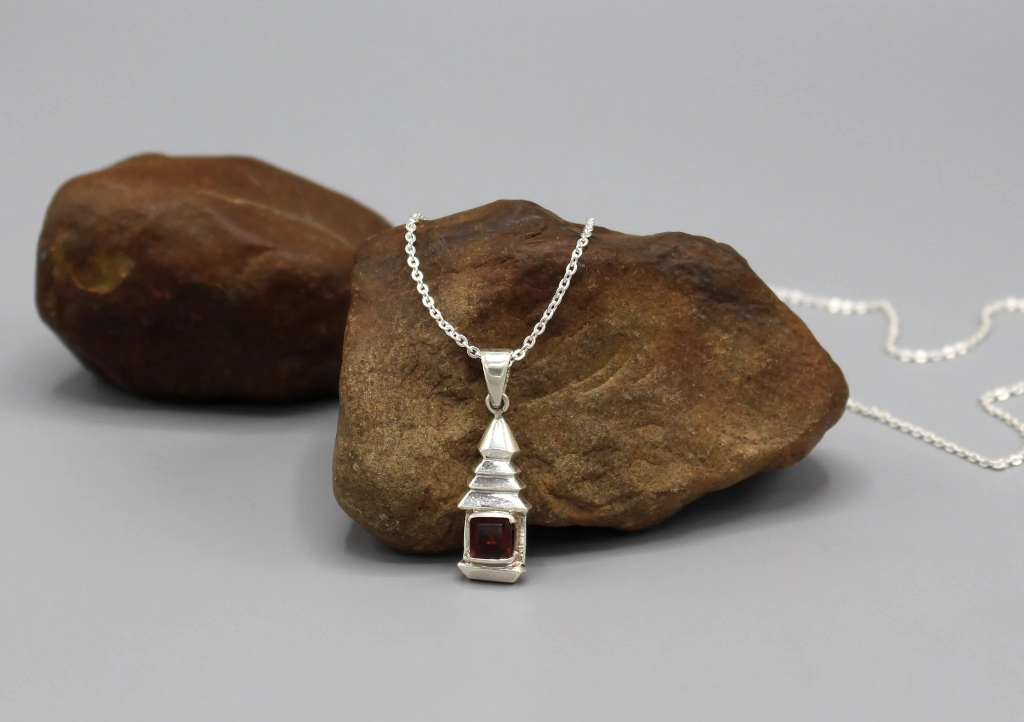 Stupa Chorten Garnet Inlaid Silver Pendant