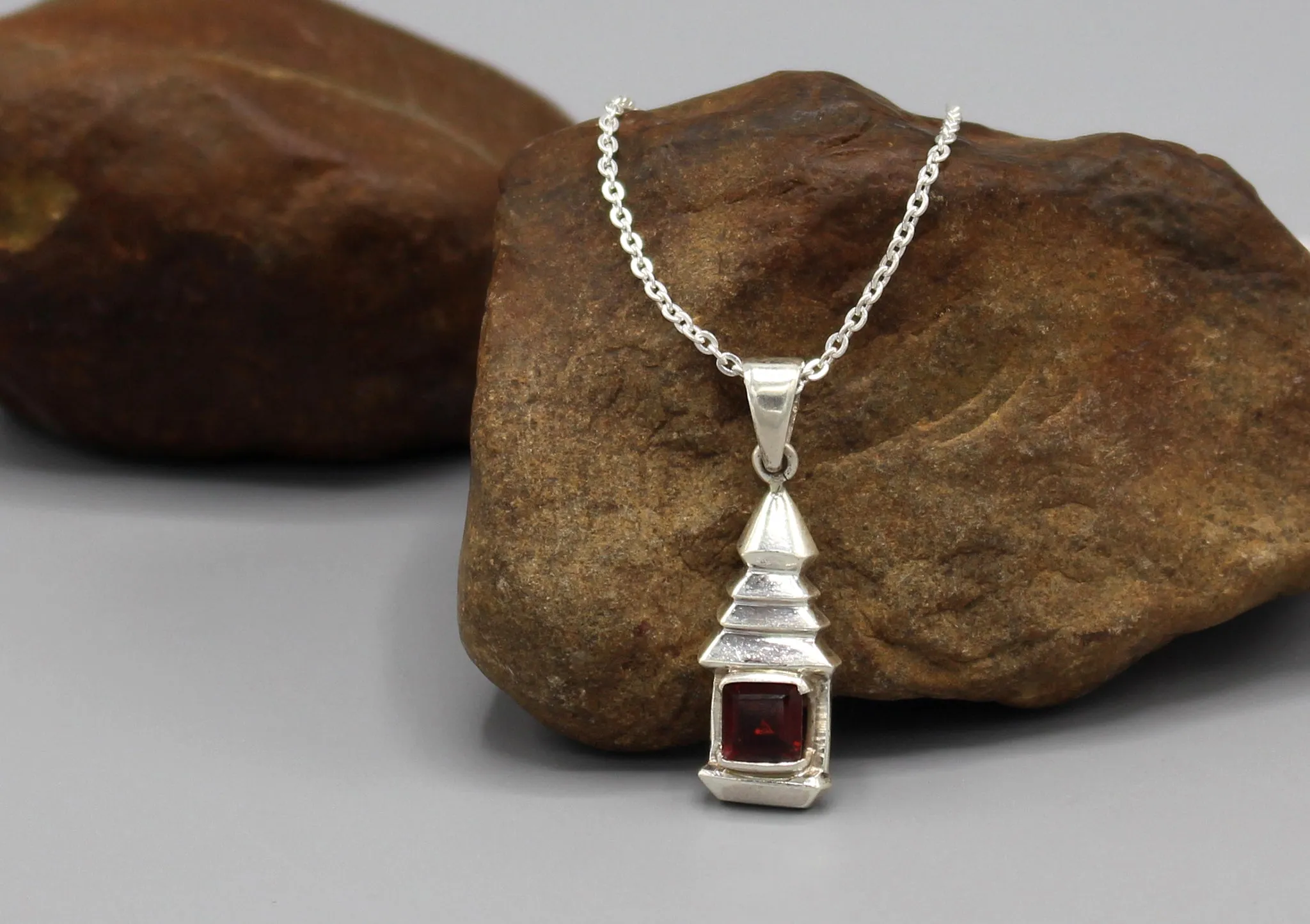 Stupa Chorten Garnet Inlaid Silver Pendant