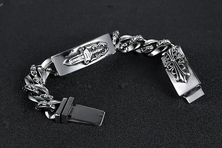 Stylish Retro Titanium Steel Cross and Flower Bracelet for Men - European and American Fashion