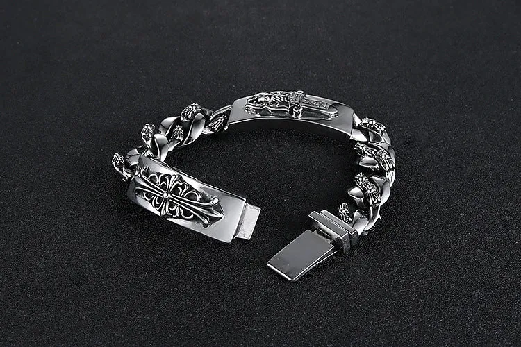 Stylish Retro Titanium Steel Cross and Flower Bracelet for Men - European and American Fashion