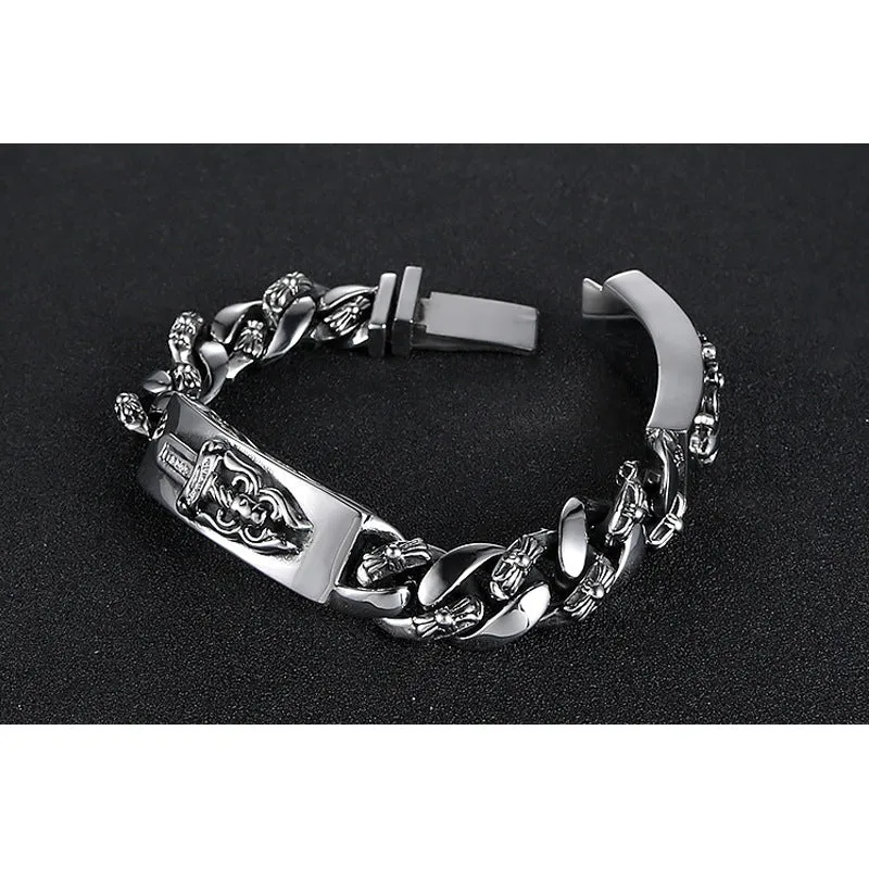 Stylish Retro Titanium Steel Cross and Flower Bracelet for Men - European and American Fashion