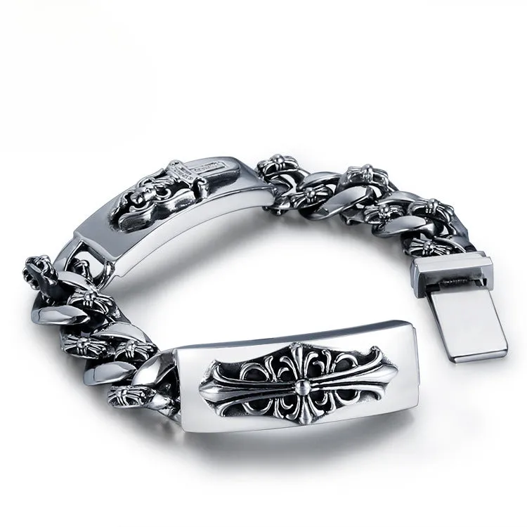 Stylish Retro Titanium Steel Cross and Flower Bracelet for Men - European and American Fashion