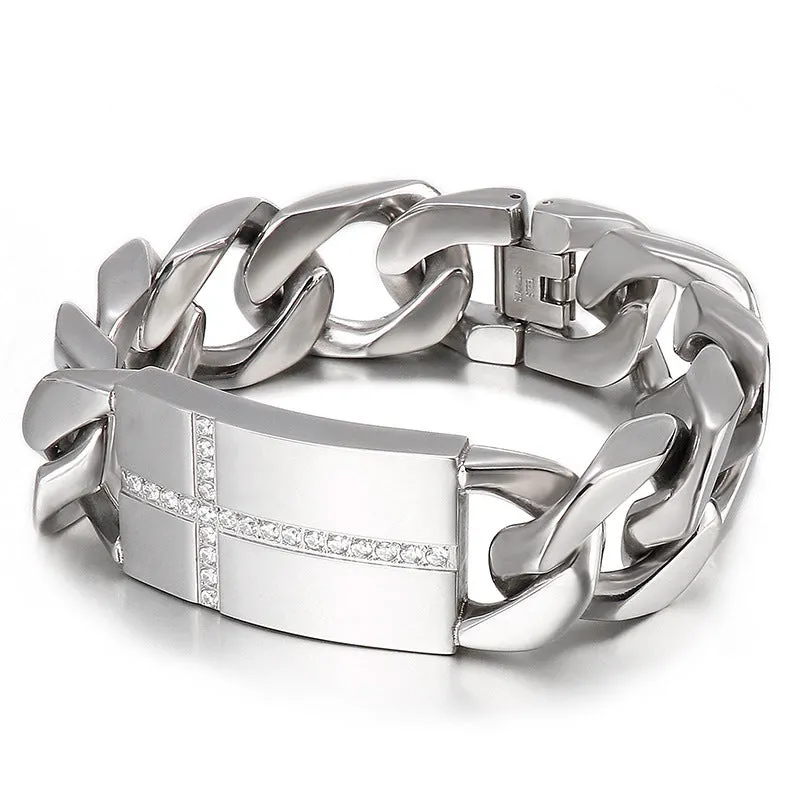 Stylish Titanium Steel Cross Bracelet with Zircon Accent - Men's Punk Jewelry