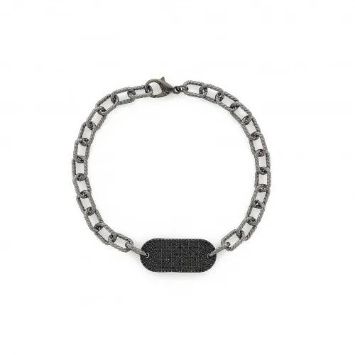 Texturized Hematite Chain Link Bracelet with a Hematite Micro Pavé Black CZ Tag