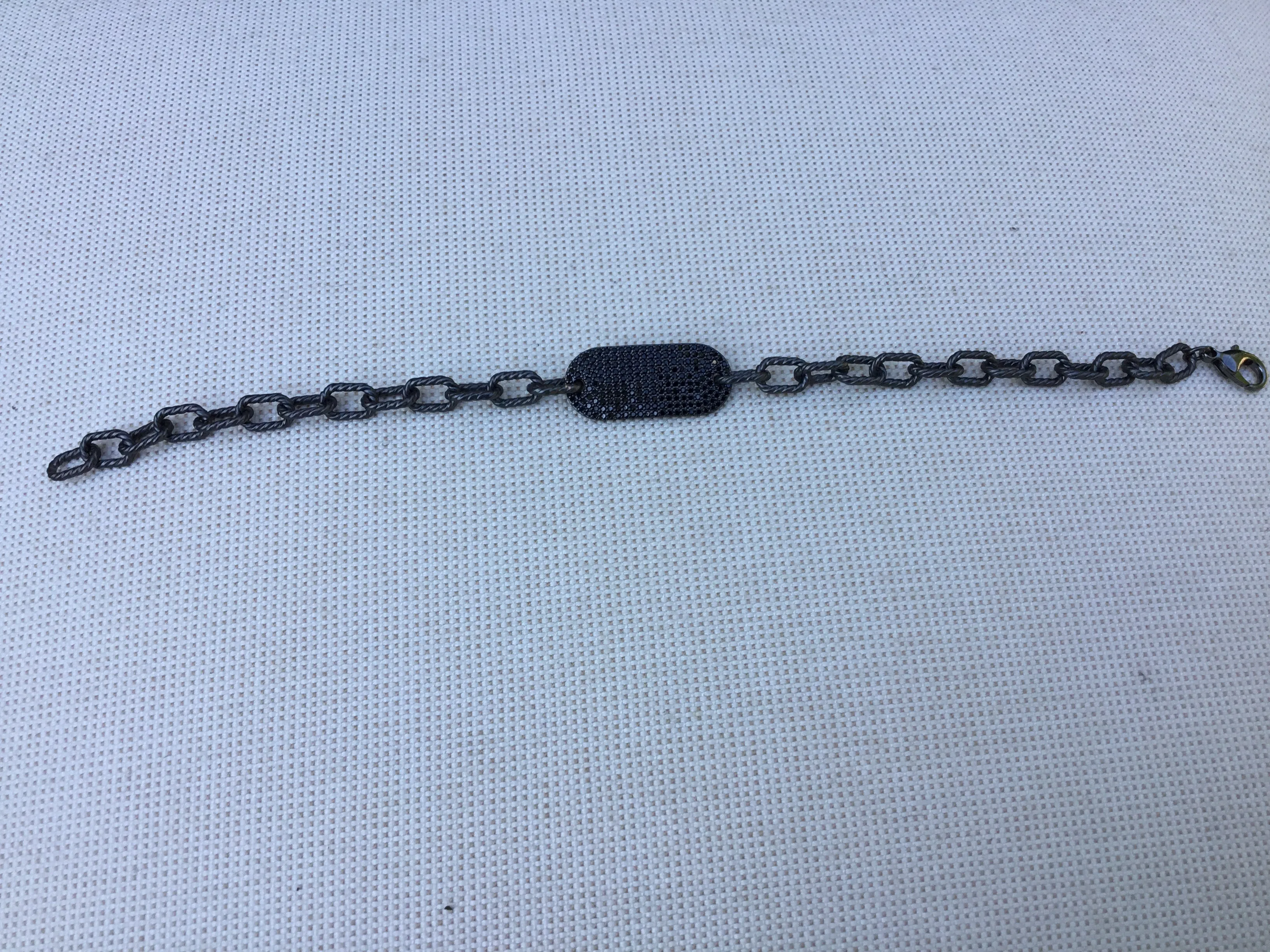 Texturized Hematite Chain Link Bracelet with a Hematite Micro Pavé Black CZ Tag