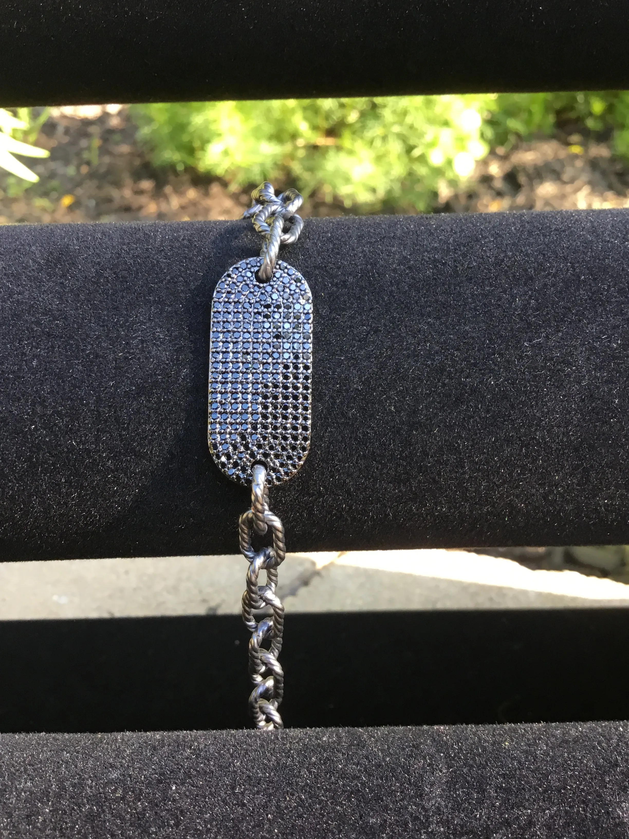 Texturized Hematite Chain Link Bracelet with a Hematite Micro Pavé Black CZ Tag