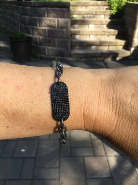 Texturized Hematite Chain Link Bracelet with a Hematite Micro Pavé Black CZ Tag