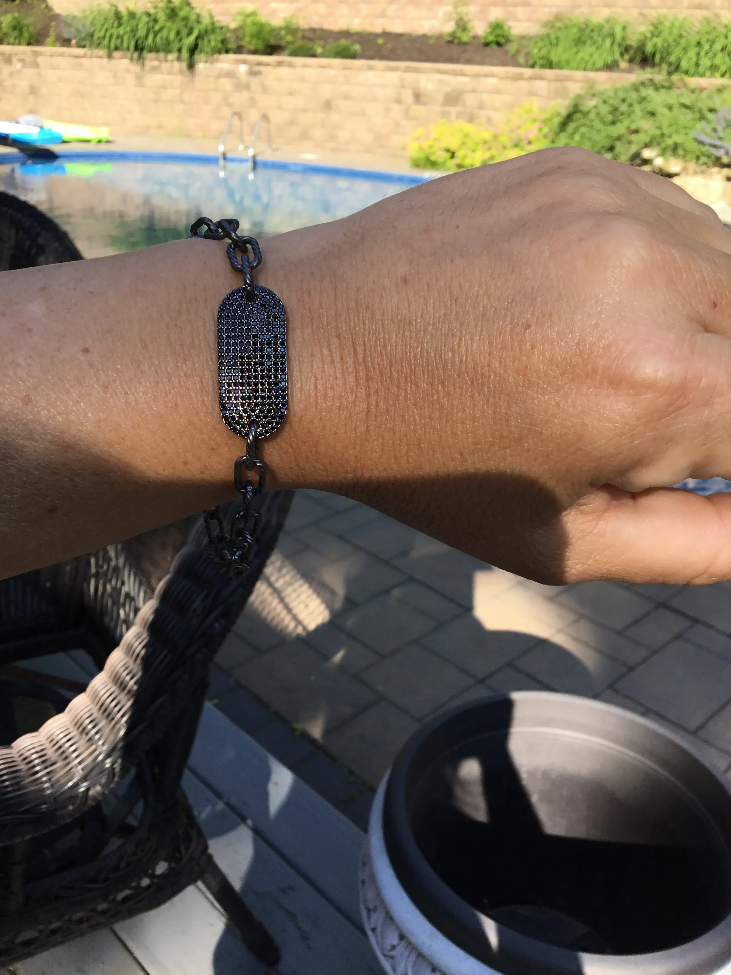 Texturized Hematite Chain Link Bracelet with a Hematite Micro Pavé Black CZ Tag