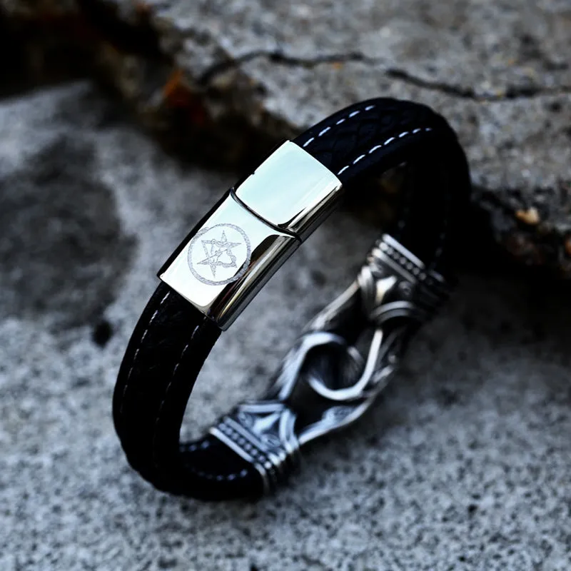 Titanium Steel Retro Viking Engraved Leather Bracelet for Men - Stylish Handcrafted Jewelry