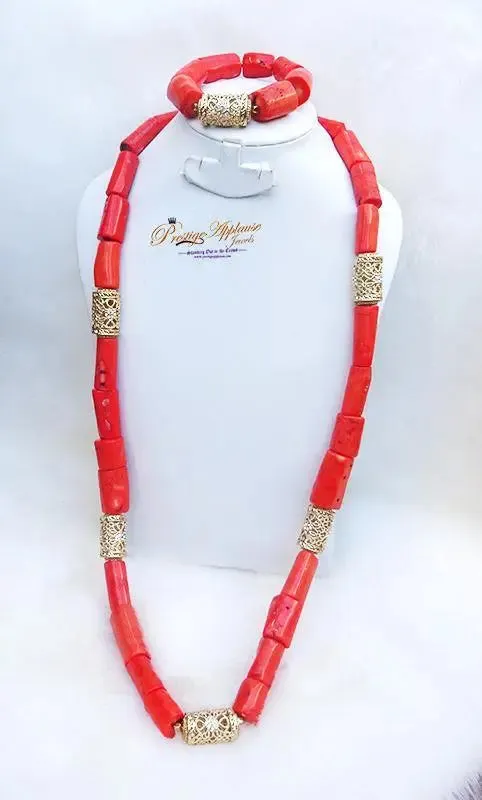 Traditional Men Women Unisex Coral Beads Embellished with Gold Necklace Jewellery Set