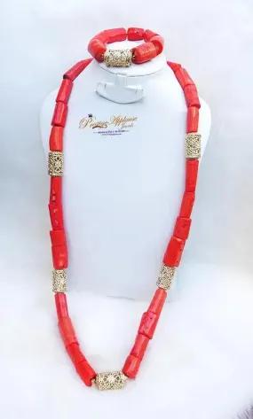 Traditional Men Women Unisex Coral Beads Embellished with Gold Necklace Jewellery Set