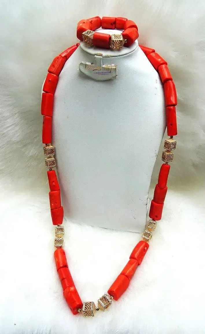 Traditional Men Women Unisex Coral Beads Embellished with Gold Necklace Jewellery Set