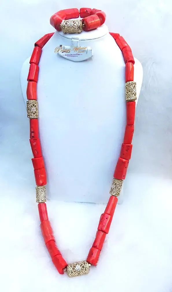 Traditional Men Women Unisex Coral Beads Embellished with Gold Necklace Jewellery Set