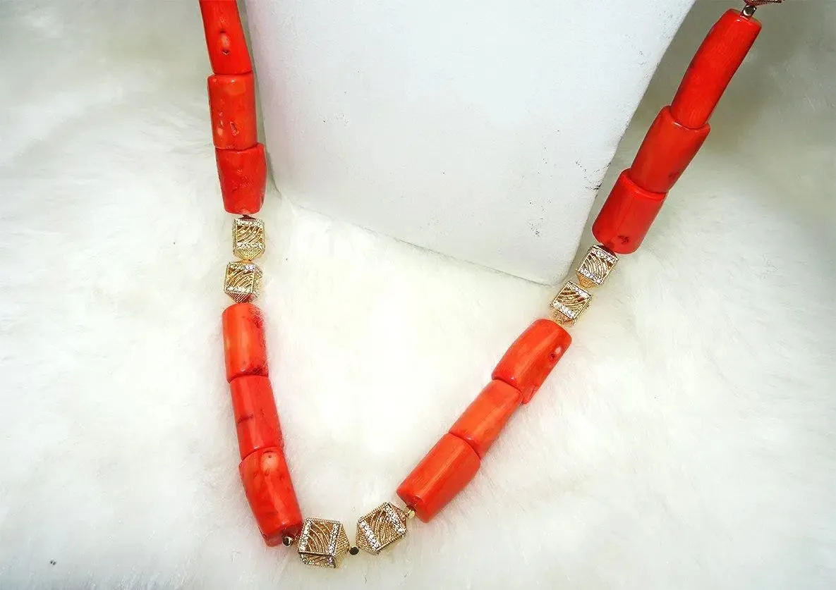 Traditional Men Women Unisex Coral Beads Embellished with Gold Necklace Jewellery Set