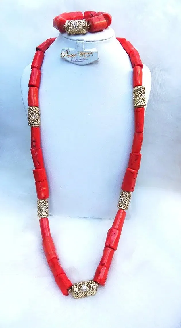 Traditional Men Women Unisex Coral Beads Embellished with Gold Necklace Jewellery Set