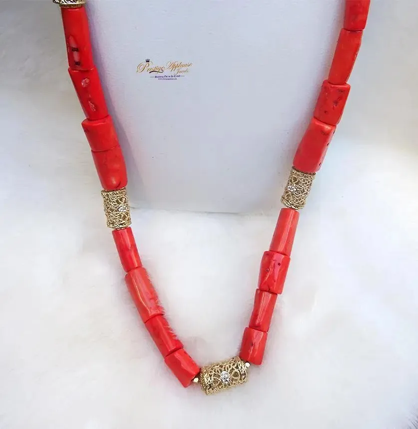 Traditional Men Women Unisex Coral Beads Embellished with Gold Necklace Jewellery Set