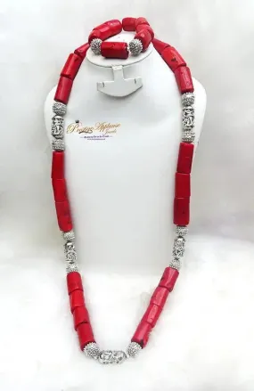 Traditional Men Women Unisex Red Coral Beads Embellished Necklace Jewellery Set