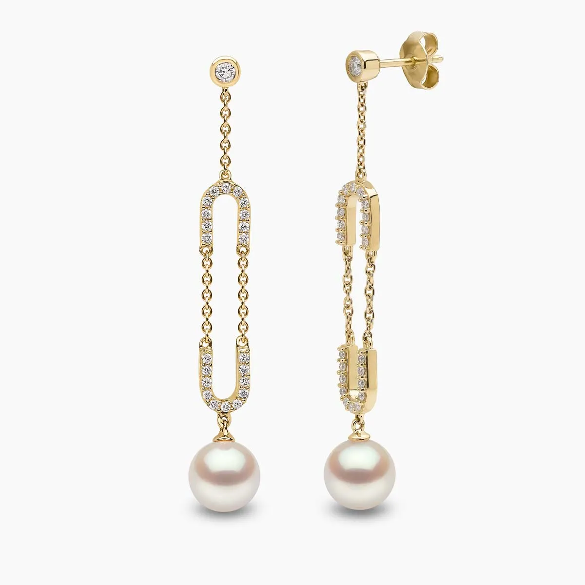 Trend 18K Gold Freshwater Pearl and Diamond Motif Chain Earrings