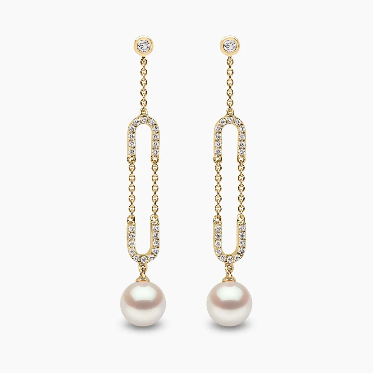 Trend 18K Gold Freshwater Pearl and Diamond Motif Chain Earrings