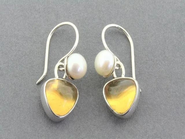 triangular amber & pearl earring - sterling silver