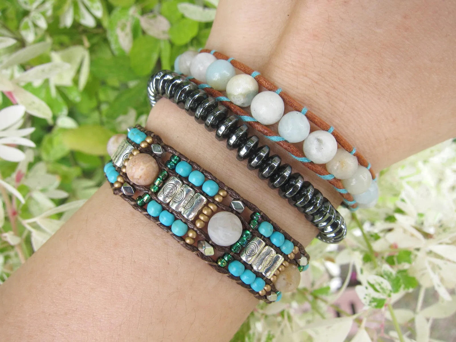 Turquoise Tibetan Silver Mix Jasper Cuff Beaded Bracelet