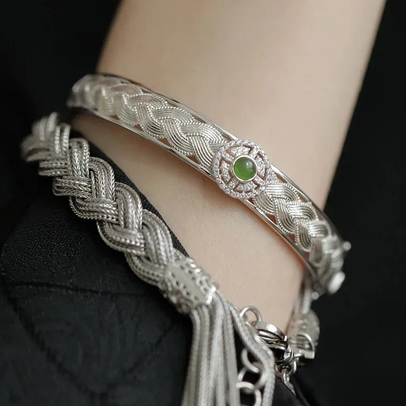 VAIGE Vintage Emerald Green Zircon Silver Braided Lace Bracelet