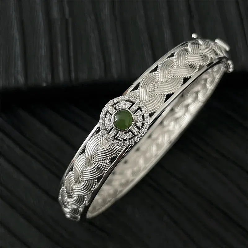 VAIGE Vintage Emerald Green Zircon Silver Braided Lace Bracelet