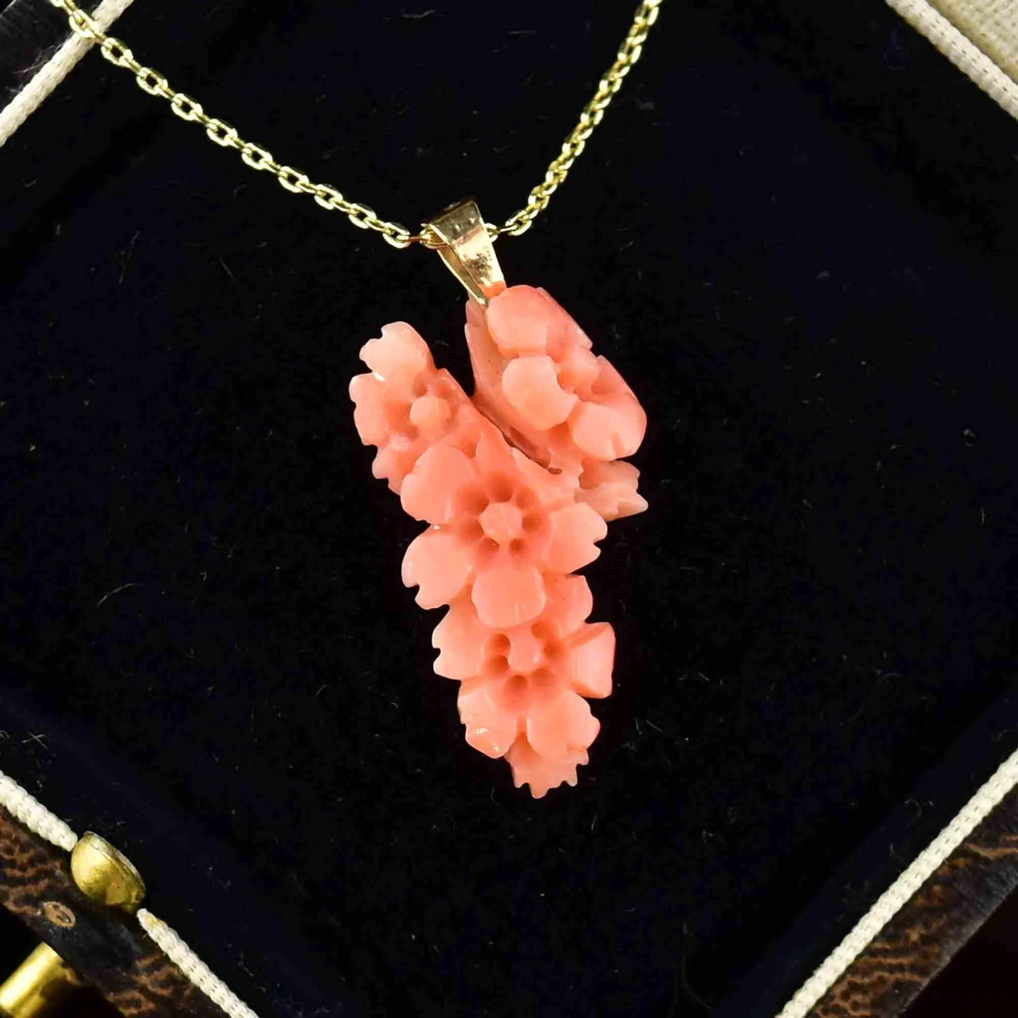 Victorian 14K Gold Carved Coral Flower Pendant Necklace