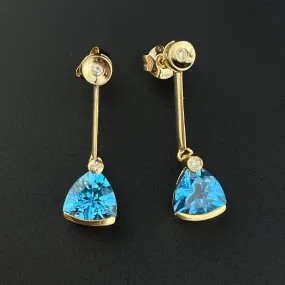 Vintage 14K Gold Diamond Stud Blue Topaz Drop Earrings