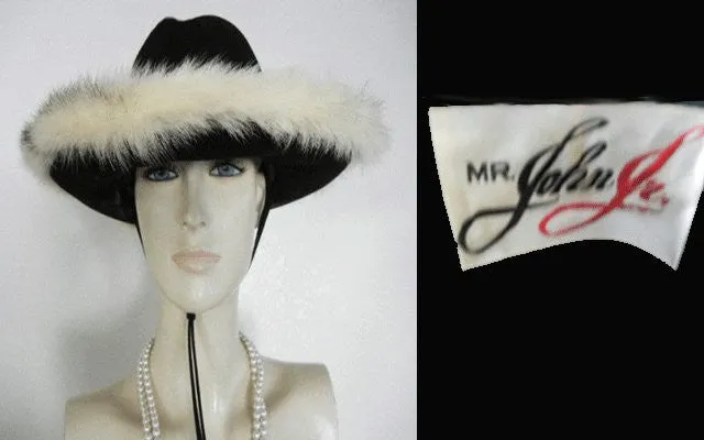 VINTAGE 1960’s MR. JOHN JR. MINK TRIMMED BLACK FELT HAT WITH TIE - PERFECT FOR FALL & WINTER