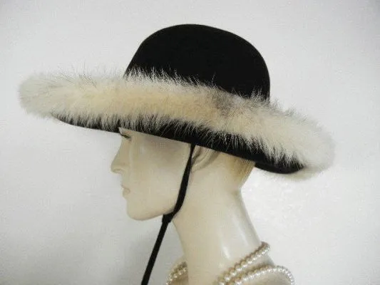 VINTAGE 1960’s MR. JOHN JR. MINK TRIMMED BLACK FELT HAT WITH TIE - PERFECT FOR FALL & WINTER