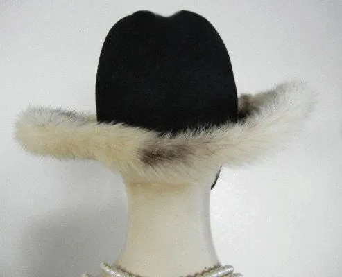 VINTAGE 1960’s MR. JOHN JR. MINK TRIMMED BLACK FELT HAT WITH TIE - PERFECT FOR FALL & WINTER