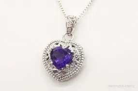 Vintage Amethyst Cubic Zirconia Heart Sterling Silver Necklace