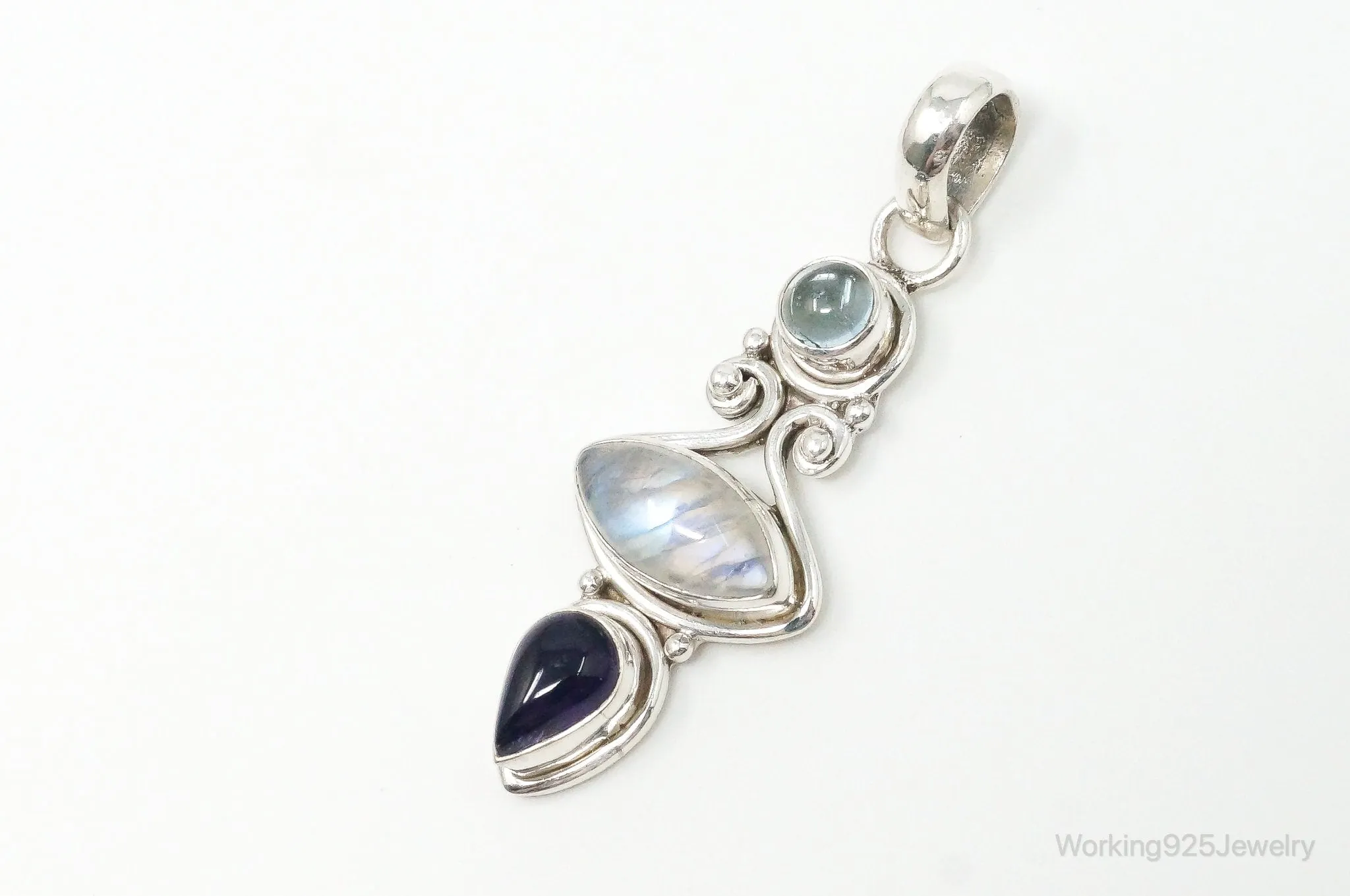 Vintage Blue Topaz Amethyst Moonstone Sterling Necklace Pendant