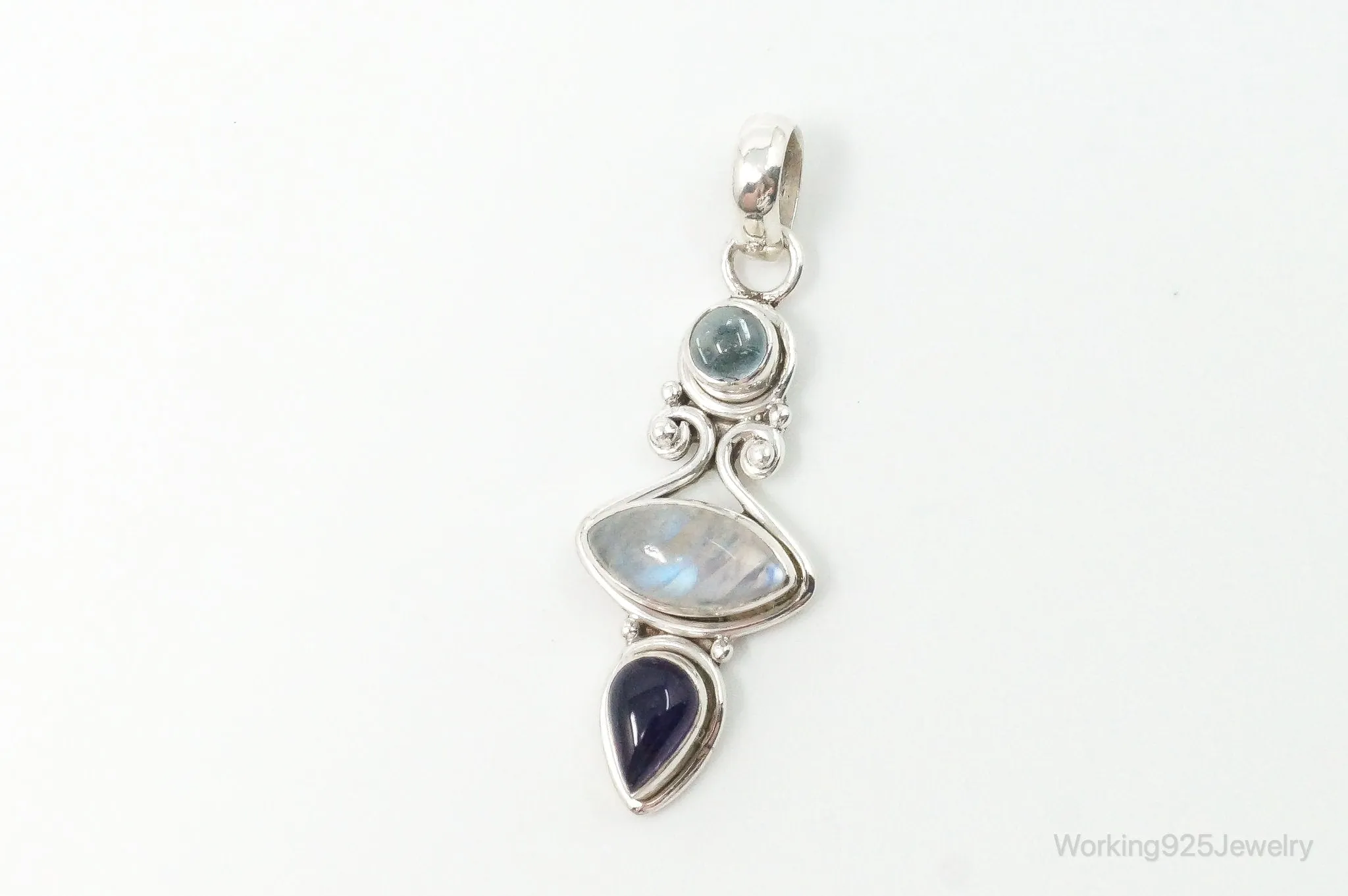 Vintage Blue Topaz Amethyst Moonstone Sterling Necklace Pendant