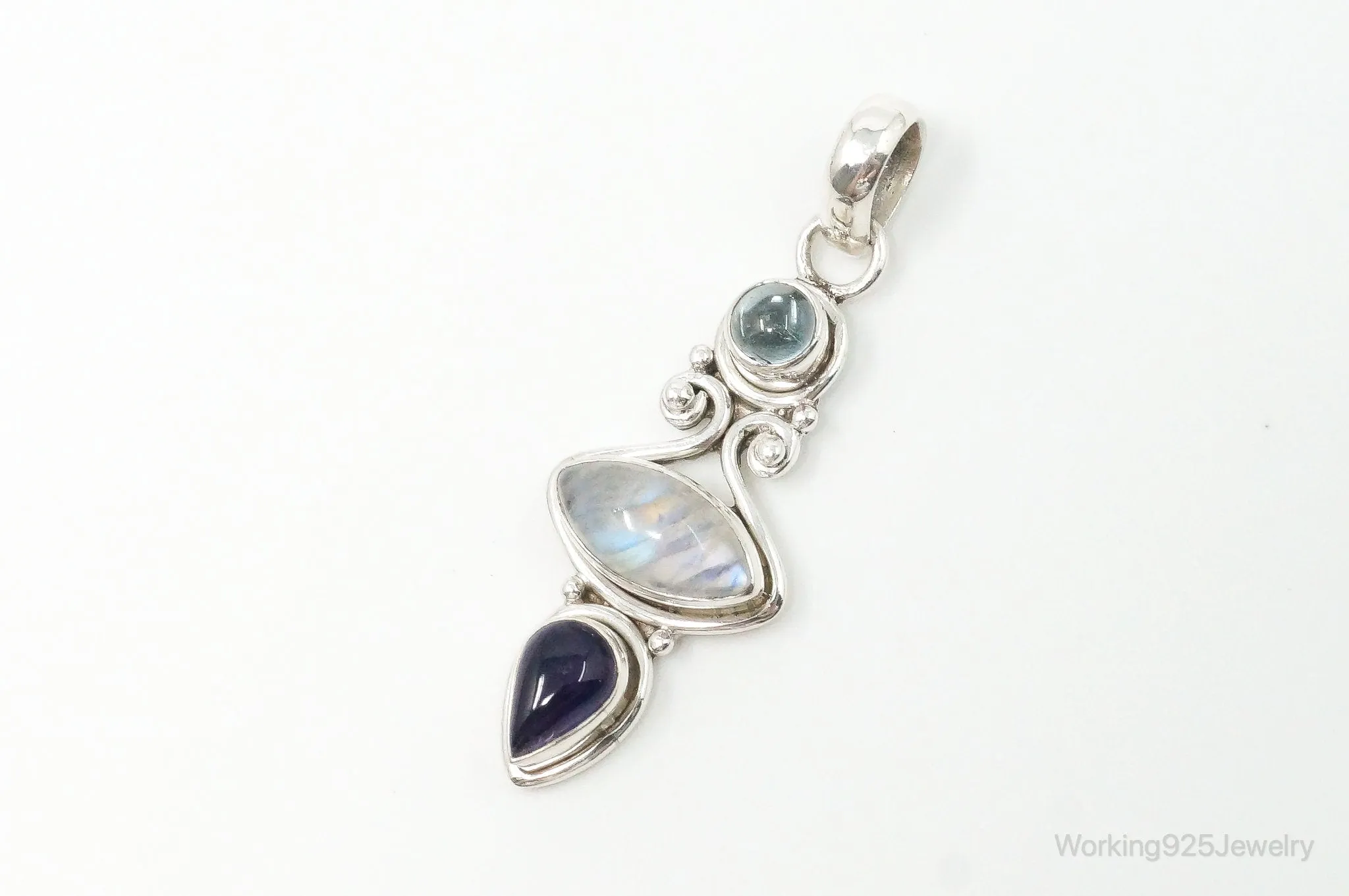 Vintage Blue Topaz Amethyst Moonstone Sterling Necklace Pendant