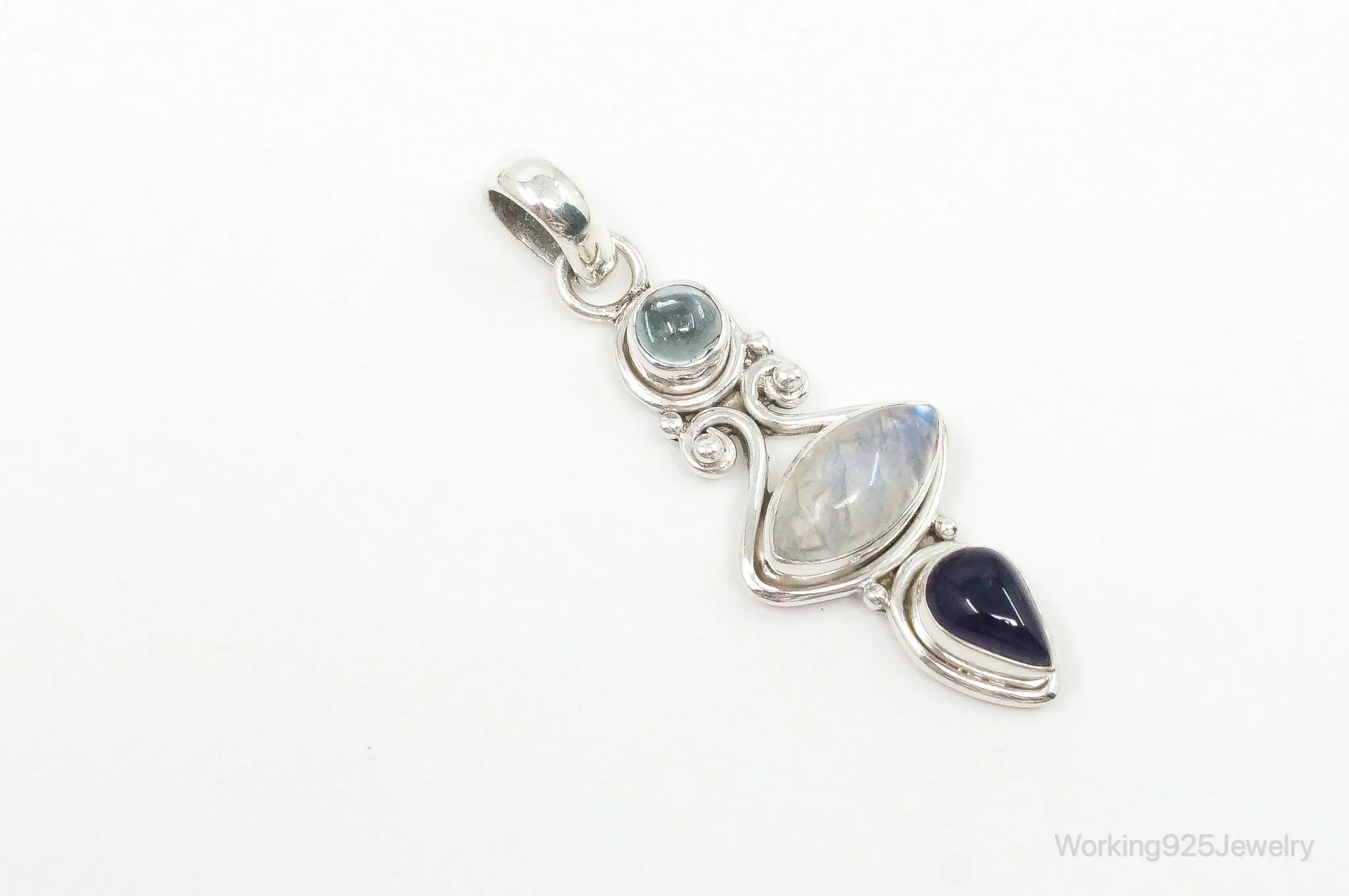 Vintage Blue Topaz Amethyst Moonstone Sterling Necklace Pendant