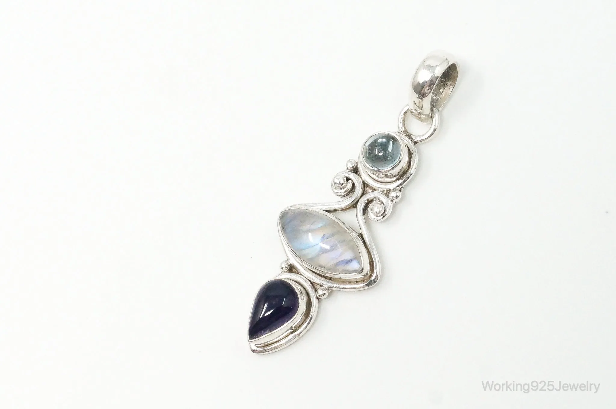 Vintage Blue Topaz Amethyst Moonstone Sterling Necklace Pendant