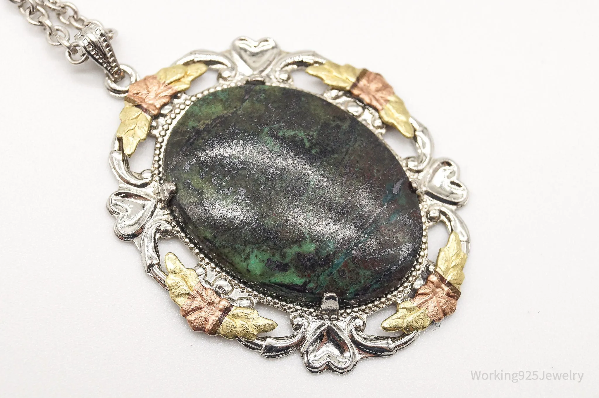 Vintage Green Stone 12K Gold Leaves Sterling Silver Necklace