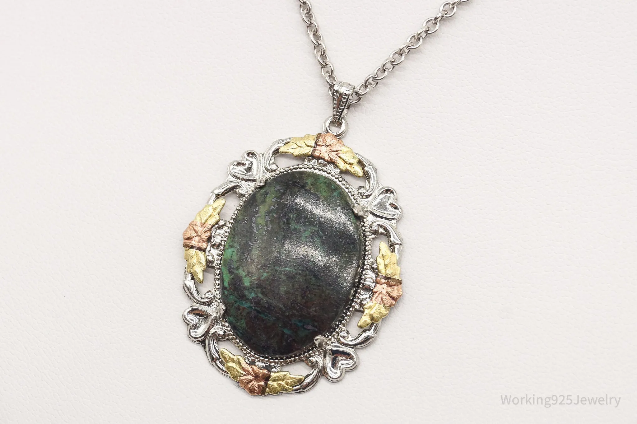 Vintage Green Stone 12K Gold Leaves Sterling Silver Necklace