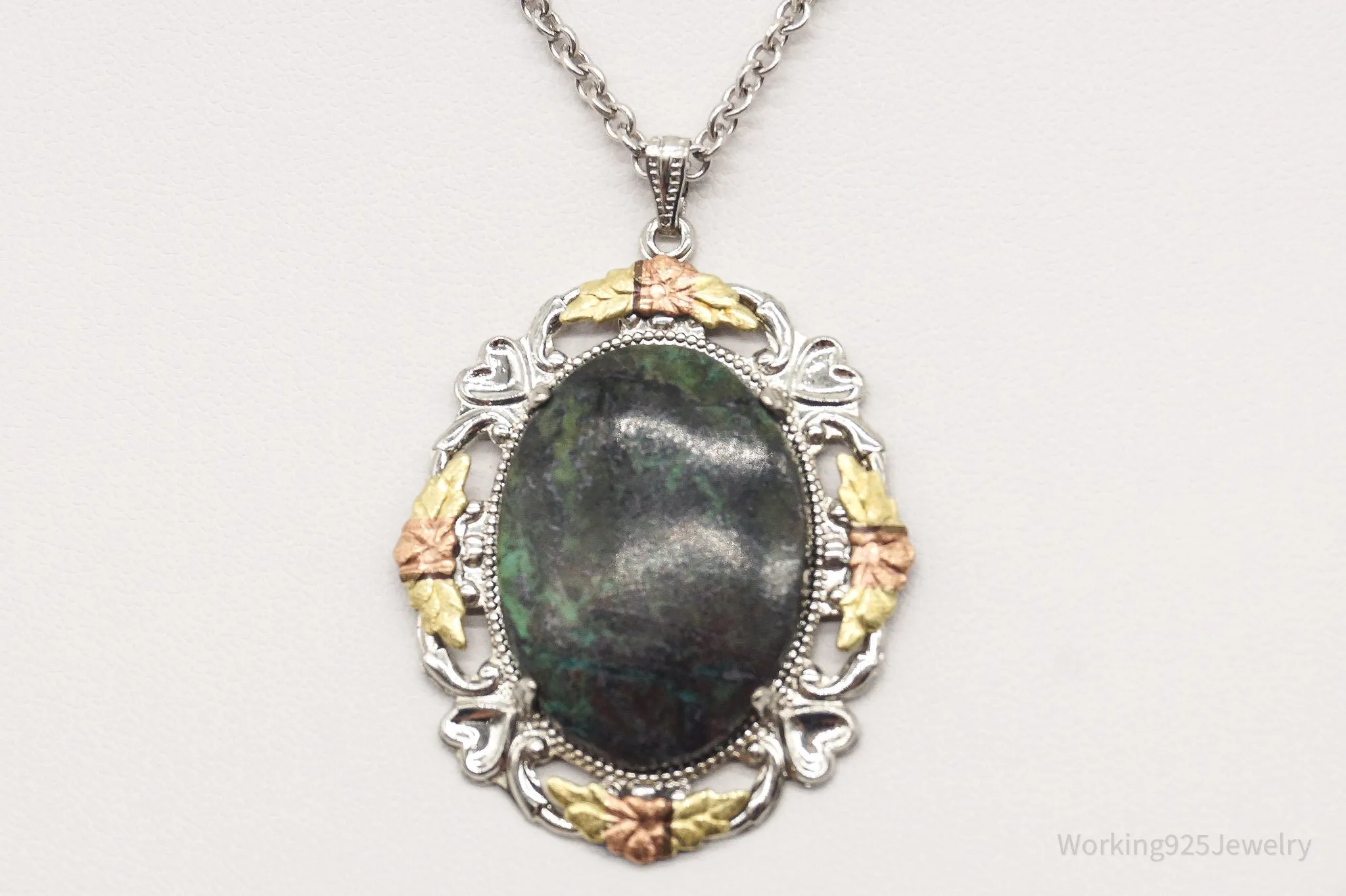 Vintage Green Stone 12K Gold Leaves Sterling Silver Necklace