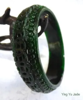 Vintage Pre-Owned "Lucky Coins" Carved Nephrite Jade Bangle Bracelet 56mm (TI-1287)