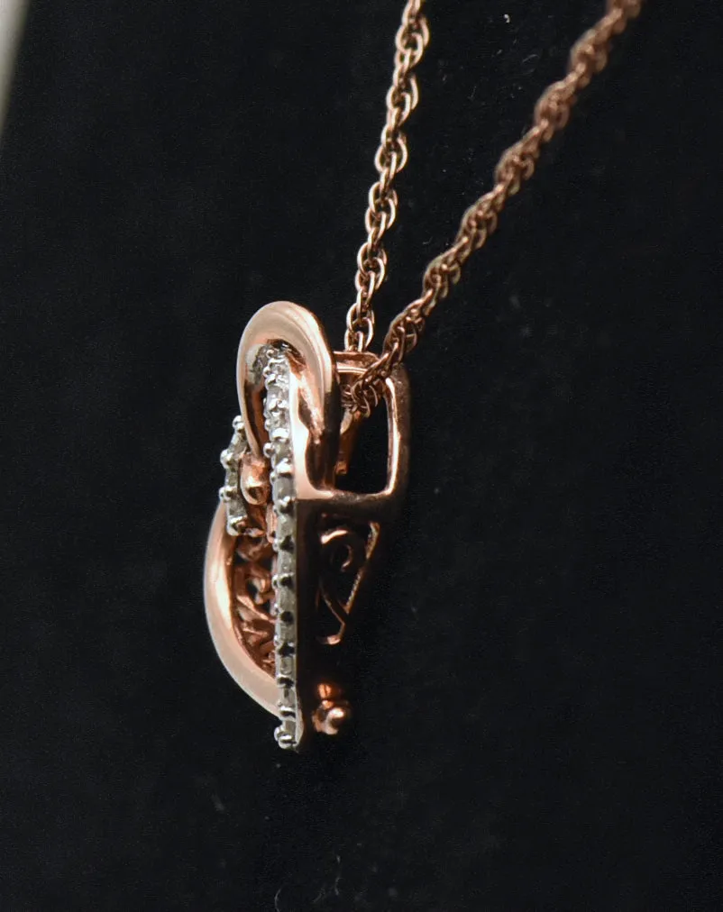 Vintage Rose Gold Tone Diamonds Heart Pendant Sterling Silver Chain Necklace - 18"