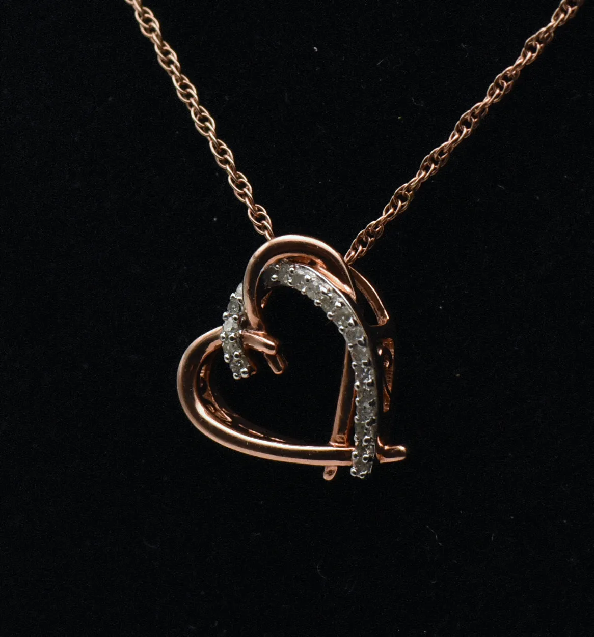 Vintage Rose Gold Tone Diamonds Heart Pendant Sterling Silver Chain Necklace - 18"