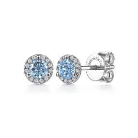 White Gold Swiss Blue Topaz Stud Earrings with Diamond Halos, 0.69 Carat TW