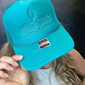 White on Turquoise Boot Stitch Trucker Hat