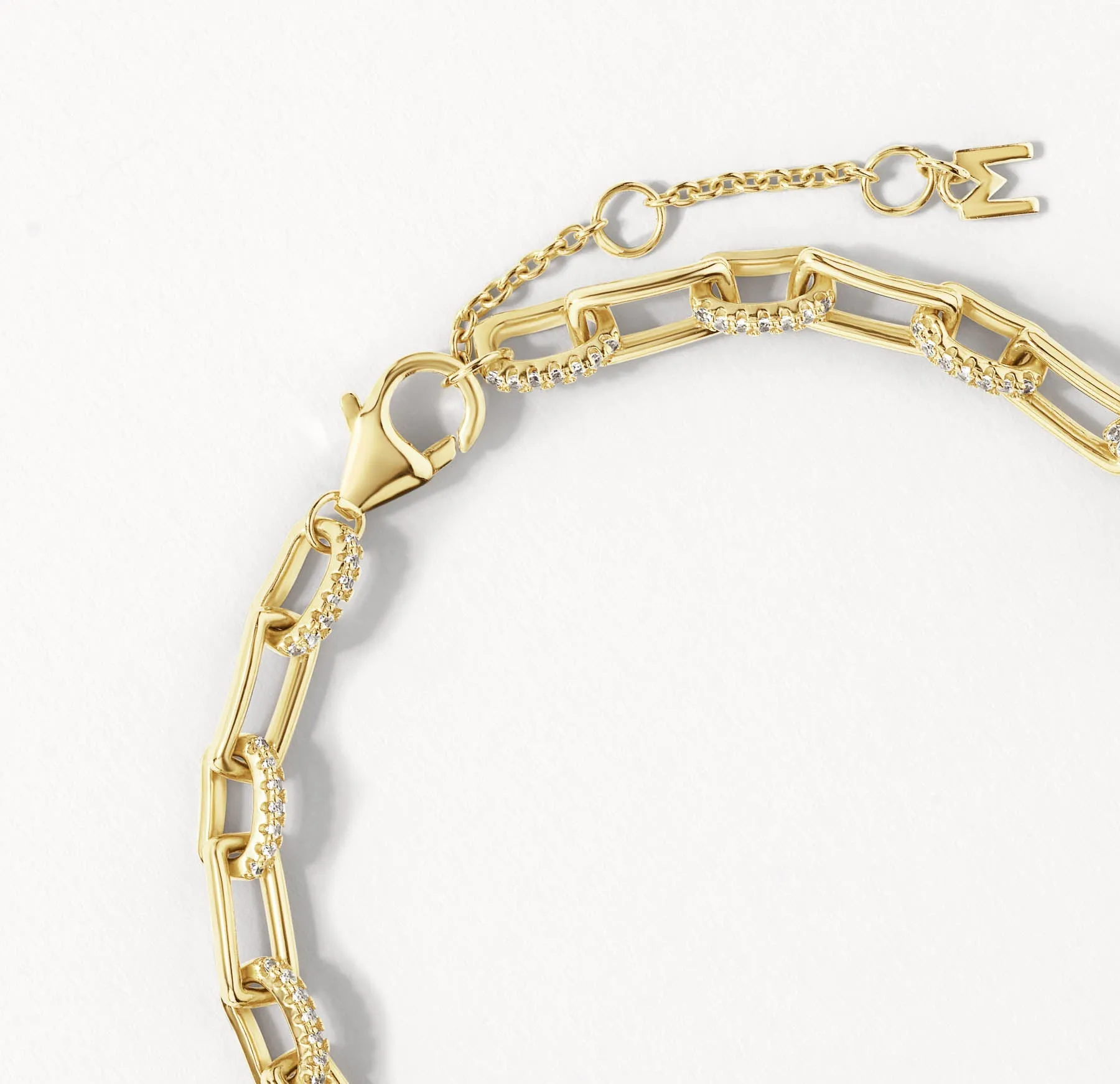 White Zircon Pave Paperclip Chain Bracelet in Gold